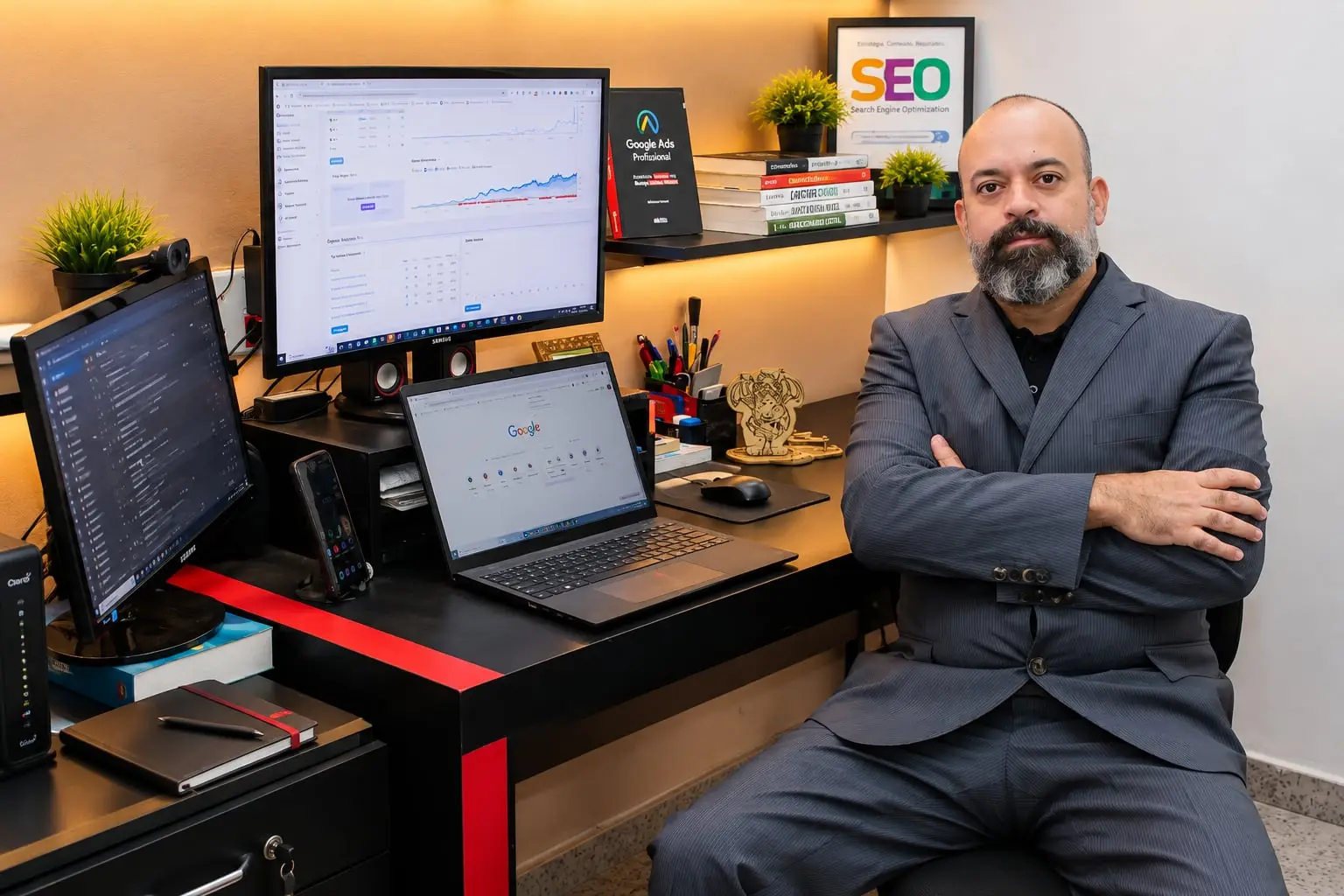 Alexandre Silva, consultor SEO, de braços cruzados em seu escritório, ao lado dos computadores com relatórios de SEO
