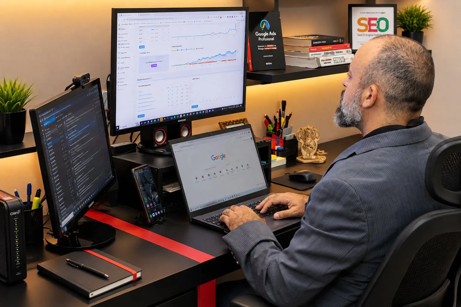 Alexandre Silva, consultor de SEO, trabalhando no notebook com relatórios de SEO no monitor