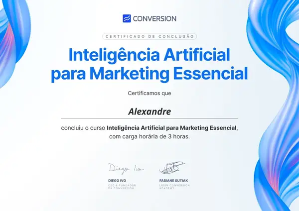 Certificado de conclusão de Alexandre Silva no curso Inteligência Artificial para Marketing Essencial, da Conversion