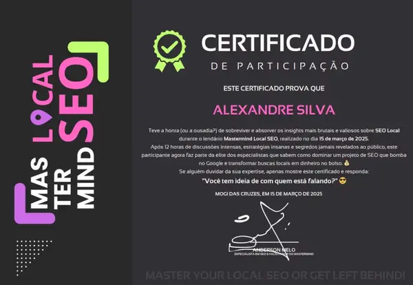 Certificado de participação de Alexandre Silva no Mastermind Local SEO, em 15 de março de 2025