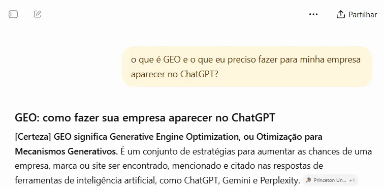Resposta do ChatGPT à pergunta o que é GEO, com a definição como conjunto de estratégias para ser citado pelas IAs