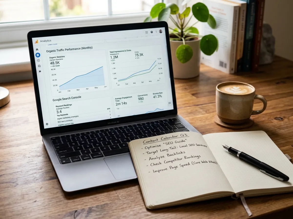 Planejamento de consultoria de SEO com métricas de tráfego orgânico no Google Analytics e caderno com plano de ação
