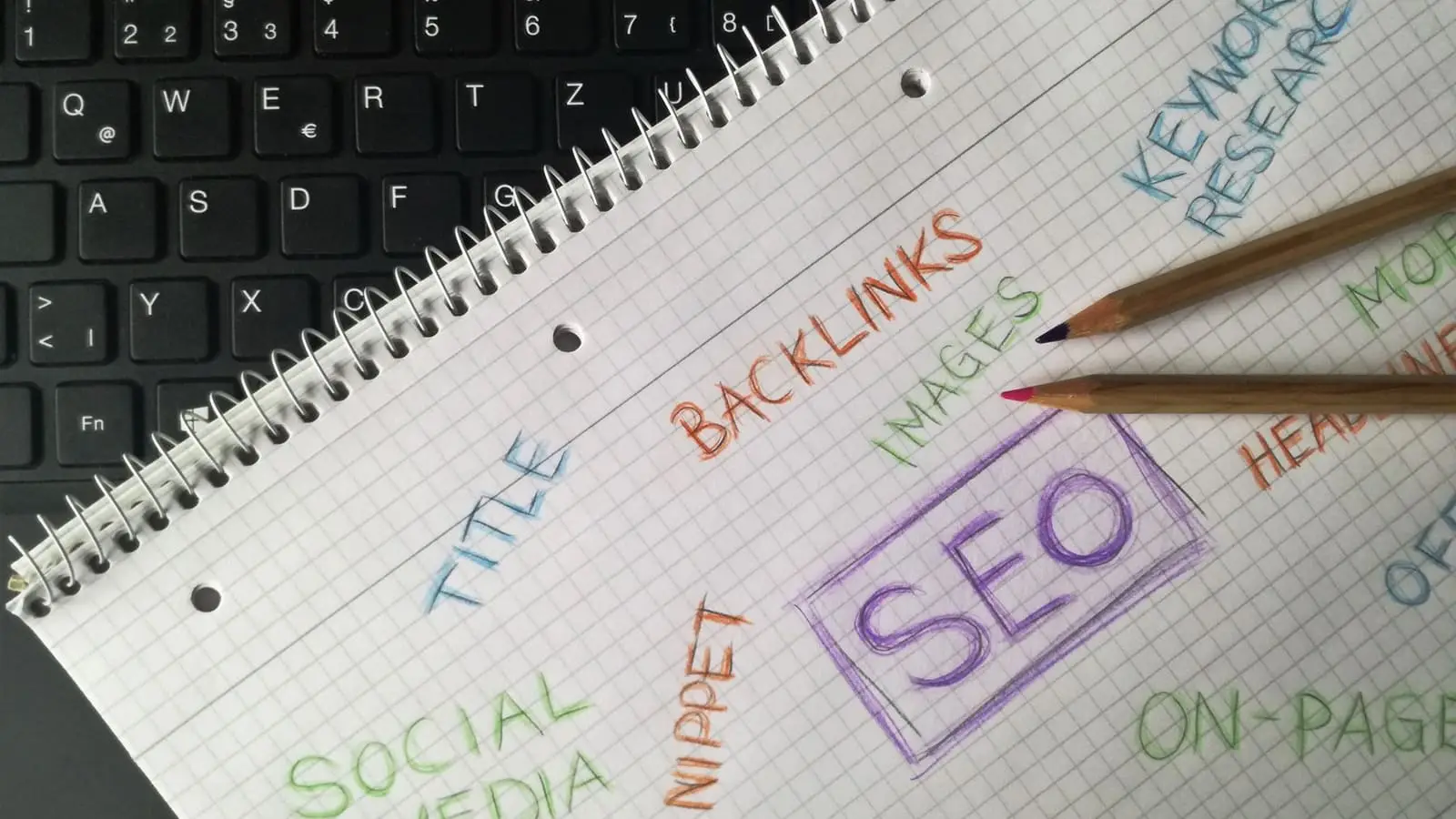 Caderno com anotações de SEO, como backlinks, título e palavras-chave, sobre o teclado de um notebook