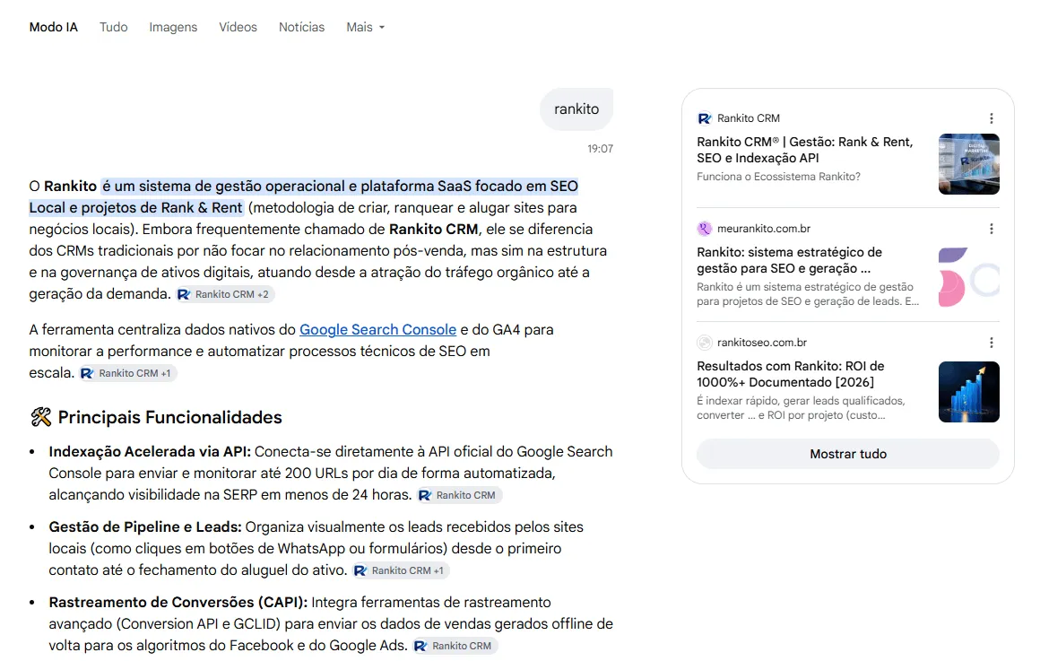 Modo IA do Google respondendo à pesquisa rankito e citando o site Rankito CRM como fonte
