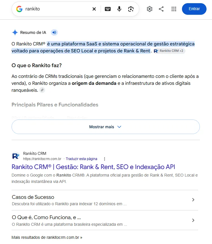 Print da busca do Google por "rankito": Resumo de IA citando o Rankito CRM e o site rankitocrm.com.br em primeiro lugar
