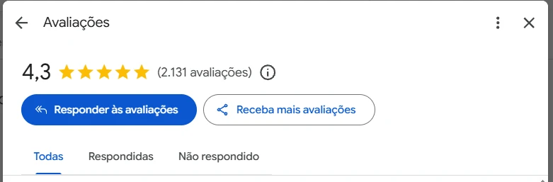 Painel de avaliações de uma unidade com nota 4,3 e 2.131 avaliações no Google