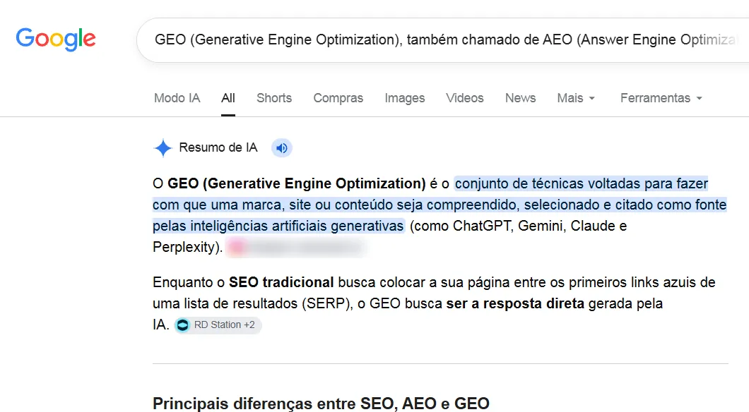 Resumo de IA do Google respondendo com uma definição de GEO quase igual à do texto pesquisado, citando outras fontes